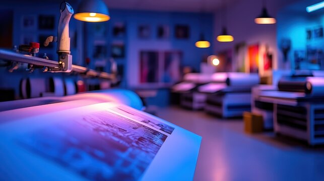 Sleek modern printing press showcasing high-quality designs in a vibrant production studio with artistic lighting