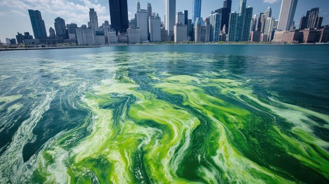 Vibrant toxic algae bloom spreads across urban lake surface with city skyline backdrop
