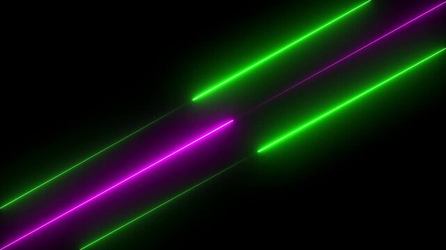 Abstract green and pink neon lines moving up seamless background with fluorescent ultraviolet glowing strokes.