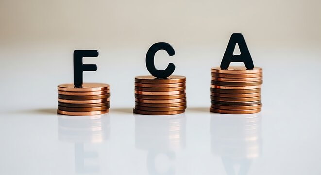 FCA acronym on copper coin stacks, financial conduct authority regulation concept, banking compliance and monetary policy on white background