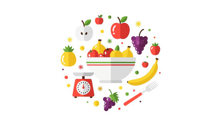 Fototapeta premium Healthy Fruit Bowl and Kitchen Scale Flat Vector Illustration - Nutrition and Diet Concept