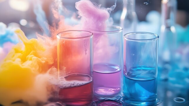 Vibrant chemical reactions producing colorful smoke and bubbles in laboratory glassware