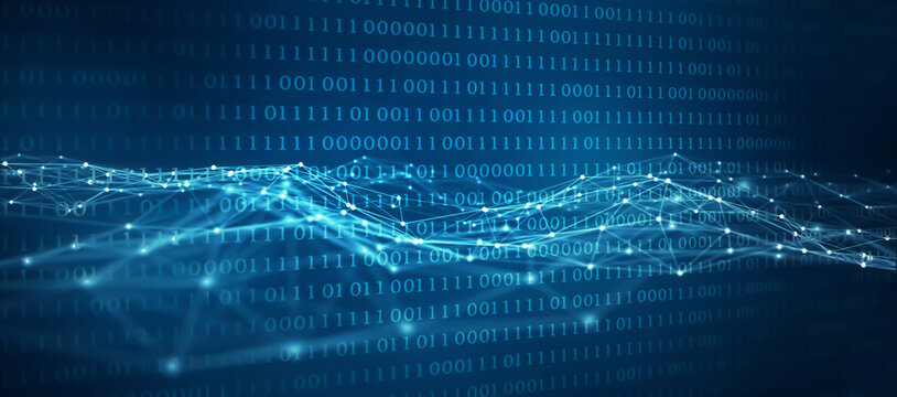 digital wave from nodes and lines in front of a binary code background, abstract technology background concept for blockchain technology, ai, big data network and ioT