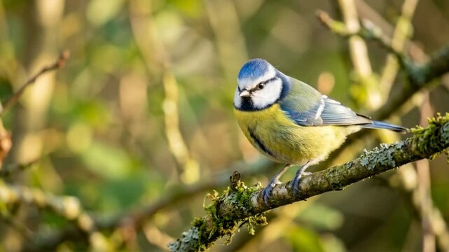 blue tit bird singing on tree branch in uk garden morning light video