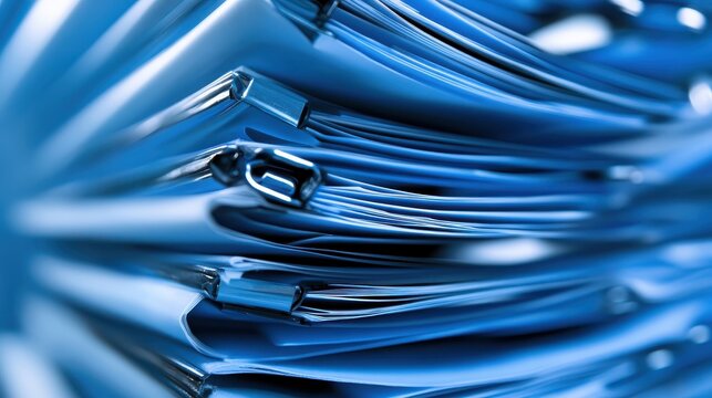 Stack of Blue Business Documents and Legal Contracts in an Office Setting Representing Corporate Compliance