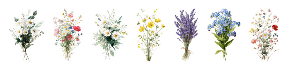 Fototapeta premium PNG Vibrant wildflower bouquet collection on transparent background