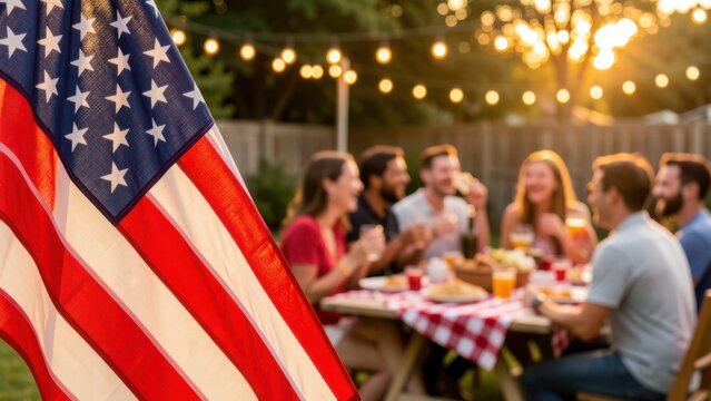 crisp american flag foreground framing a joyful golden hour fourth of july backyard cookout with friends laughing under string lights