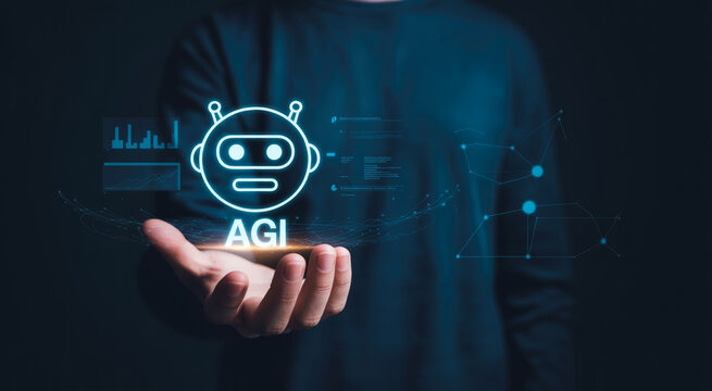 Artificial general intelligence conceptual hologram glowing over human hand in digital workspace.