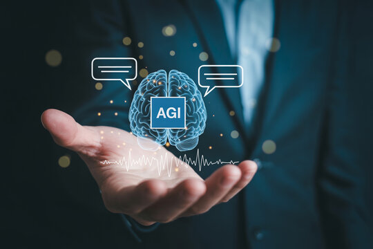 Conceptual illustration of human hand presenting glowing brain model with dialogue boxes for agi communication.