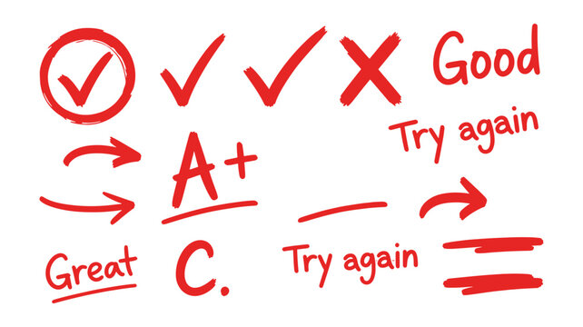 Red Marker Grading Marks And Feedback Symbols With A+, Check Marks And 'Try Again' Notes