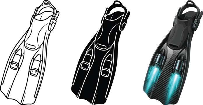 Collection of swimming fins featuring outline solid silhouette and futuristic glowing propulsion designs ideal for water sports diving and technology concepts