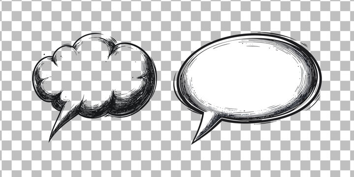 Black and white speech bubbles on transparent background for dialogue and text
