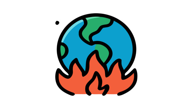 Vector icon of planet earth burning in fire in flat line art style, perfect for concepts of global warming, climate change, environmental crisis and natural disasters.