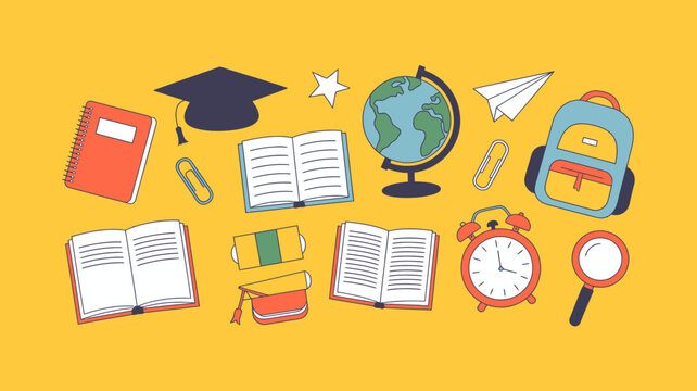Colorful school supplies and educational items on yellow background with supplies education backpack notebook graduation colorful learning classroom knowledge academic illustration creative