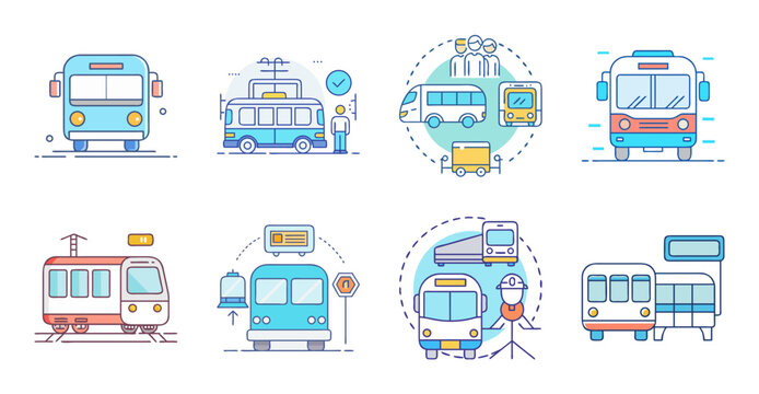Colorful variety of buses and vehicles icon set - Bright, playful vector icons featuring different types of buses and vehicles in a clean, organized layout.