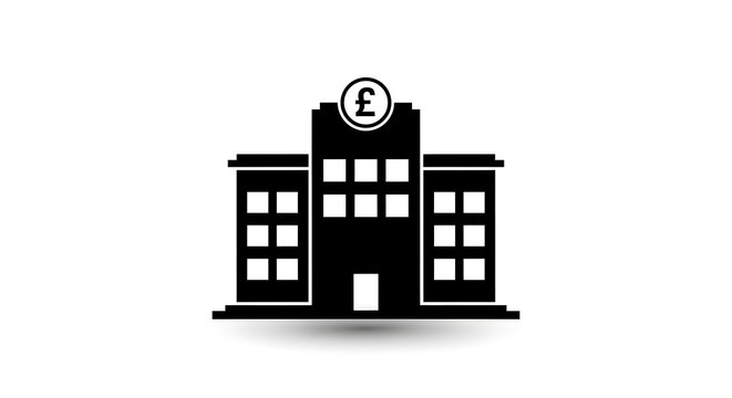 Black bank building icon with british pound sterling symbol on white background building sterling business currency corporate financial institution investment commercial structure