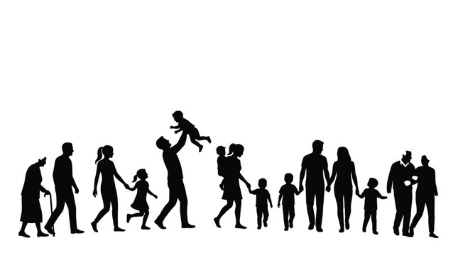 A detailed black vector illustration showing a multi generational family walking together in silhouette style