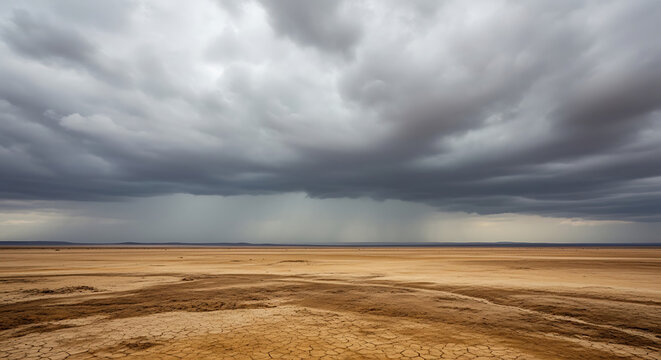 Stormy dark rain clouds gathering over vast dry parched desert landscape ground with landscape environment overcast atmosphere dramatic precipitation survival