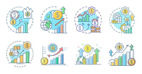 Fototapeta premium Happy people working and collaborating in modern office - Illustrated vector icons showing diverse team members brainstorming, presenting, and working together in a cheerful office setting.