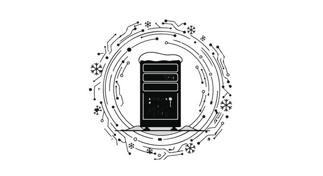 Computer tower icon sits inside a digital circuit board ring with snowy accents.