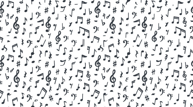 Seamless vector graphic illustration featuring hand drawn musical notes symbols on a clean white background