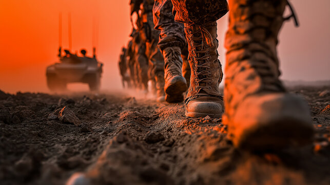 Soldiers Marching Through Arid Terrain Under Orange Sunset Sky