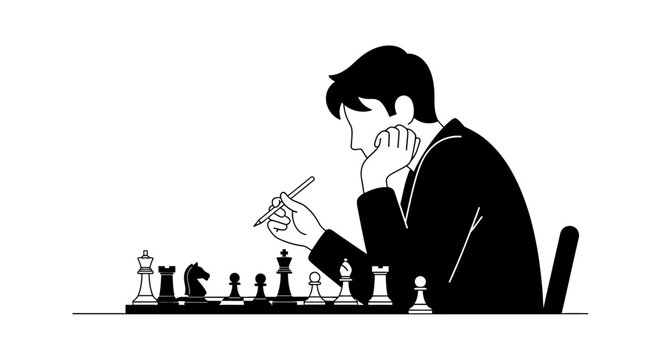 Minimalist Vector Illustration of a Focused Man Playing Chess for Strategic Planning, Decision Making, and Business Intelligence