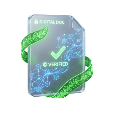 Glassmorphism Glossy Semi Transparent Document Icon With Glowing Carbon Credit Smart Contract Icon