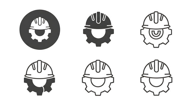 Collection of construction worker helmet and gear cogwheel icons with construction industrial engineering industry mechanical maintenance equipment technical building