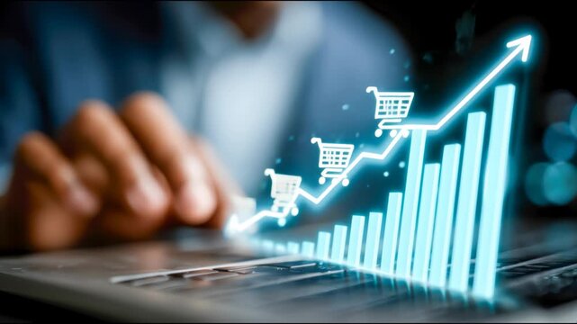 Hand touches laptop with rising sales graph and shopping cart icons, illustrating ecommerce growth, online retail analytics, revenue, and digital marketing