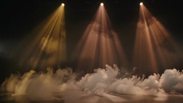 Cinematic ground fog rolling across empty dark stage floor, theatrical spotlights