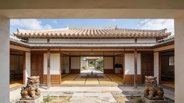 Moving camera framing Okinawa courtyard, revealing tatami, low table and shisa to reveal garden