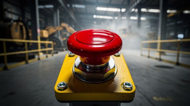 Red Emergency Stop Button on Industrial Machinery Base