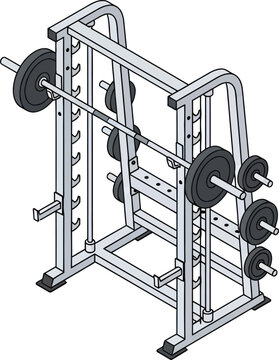 Isometric vector illustration of a Smith machine with barbell and weight plates essential gym equipment for strength training and fitness workouts