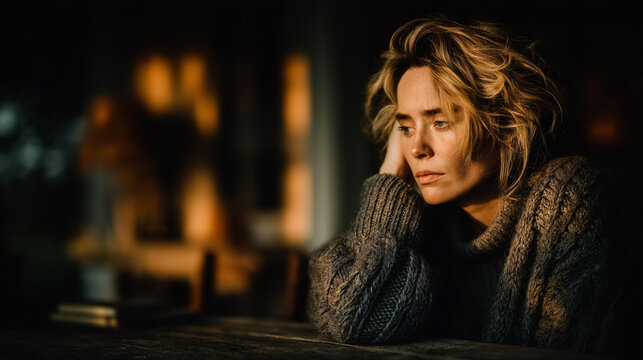 Pensive woman in a grey knit sweater sitting at a wooden table in dim light
