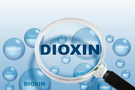 DIOXIN PARTICLES UNDER A MAGNIFYING GLASS SYMBOLIZING TOXIC CONTAMINATION AND ENVIRONMENTAL POLLUTION - THIS CONCEPT ILLUSTRATES RESEARCH, ANALYSIS, DETECTION, MONITORING AND SAFETY TESTING