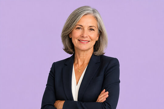 A middle-aged woman with gray hair in professional attire is posing against a solid light purple background.