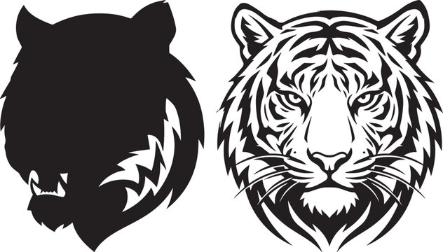 Tiger head faces silhouette black vector illustration isolated on white background with predator silhouette isolated background