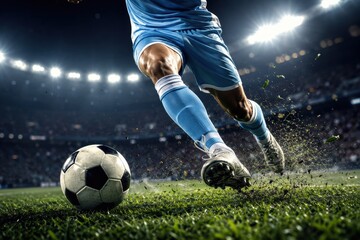 Naklejka premium Light Blue Jersey Football Player Speed Run Past Ball With Turf Spray and Bright Stadium Lights
