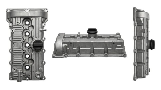 Automotive Engine Valve Cover Cast Aluminum Component Internal Combustion Engine Part Vehicle Repair Maintenance Equipment Car Motor Component Isolated White Background