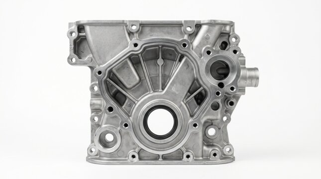Metallic aluminum engine cover component, cast metal crankcase housing spare part, automotive mechanical engine block detail