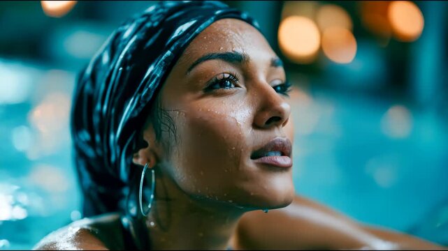 Woman in black swim hijab relaxing by a blue pool with water droplets on her face, showing modest swimwear, wellness, beauty, and resort lifestyle