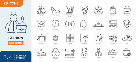 Fototapeta na wymiar Fashion line editable icon set. Containing fashion, accessory, beauty, tailor, dress, clothes, shoes and more. Editable stroke. Vector illustration