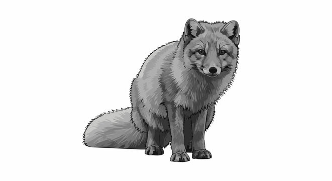 A grayscale illustration of a sitting wolf with thick fur and pointed ears