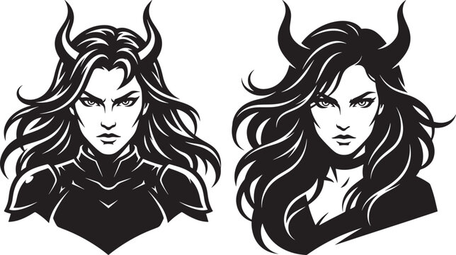 Black vector silhouette portraits of women with horns and flowing hair on white background silhouette portrait mysterious isolated