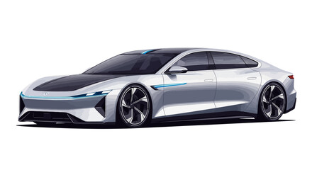 Naklejka premium Futuristic Silver Sedan Car on White Background - Electric Vehicle Concept