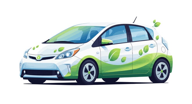 Eco-friendly electric car with leaf design on white background
