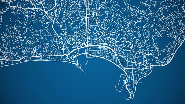 Ink reveal animation of Cannes, Alpes-Maritimes, Provence Alpes C&ocirc;te d'Azur, France grid map. Aerial top view. Blueprint style. White lines with blue background. 4K Seamless loop.