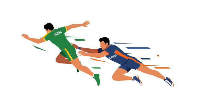 Asian Games 2026 concept illustration of kabaddi players in action, a raider and defender in a dynamic chase, minimalist flat vector art Asian Games Concept, 2026