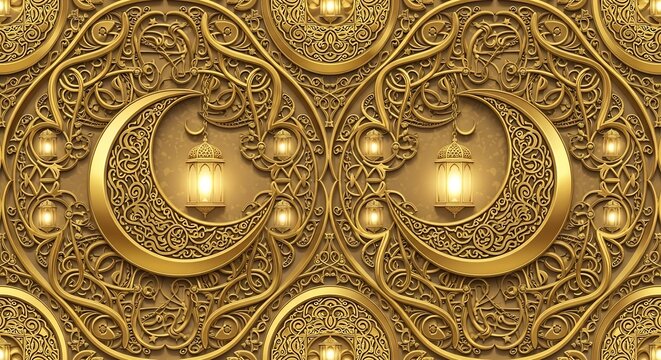 Intricate gold crescent moon lantern design with ornate patterns and swirling details